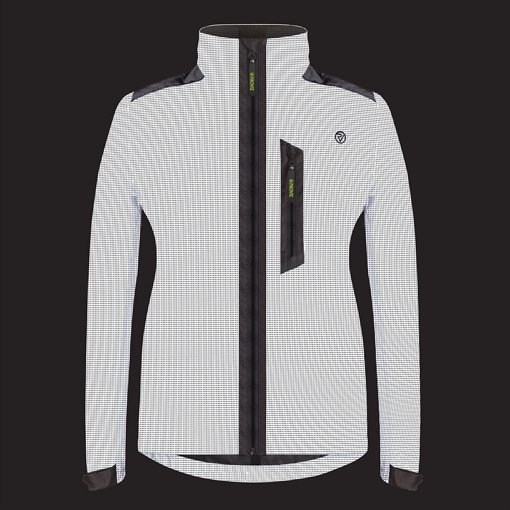 lifestyle APEX Women’s 100% Reflective Waterproof Cycling Jacket front lights on