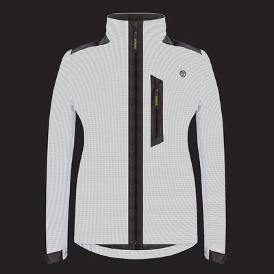 lifestyle APEX Women’s 100% Reflective Waterproof Cycling Jacket front lights on