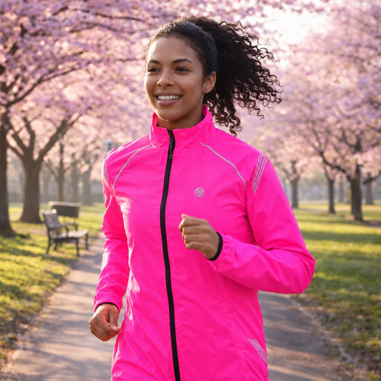 listing-lifestyle A woman smiling while running outdoors on a path lined with blooming pink trees, wearing a bright neon pink Proviz everyday jacket with a black front zipper and subtle reflective details.