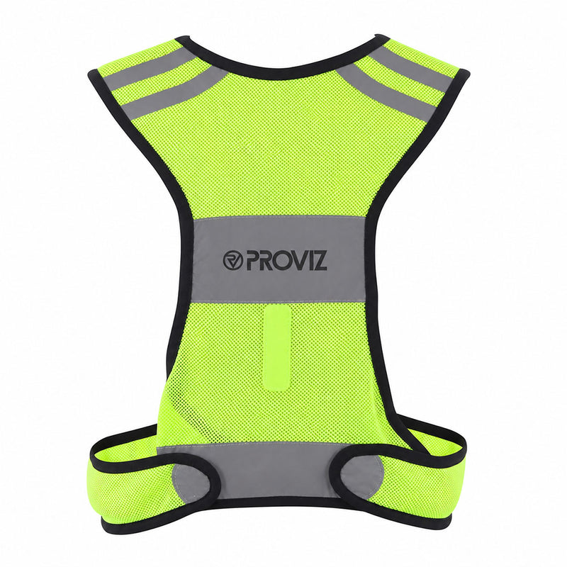 A high-visibility neon yellow-green mesh running vest with reflective gray panels and black trim, featuring the brand name 'PROVIZ' on the front.