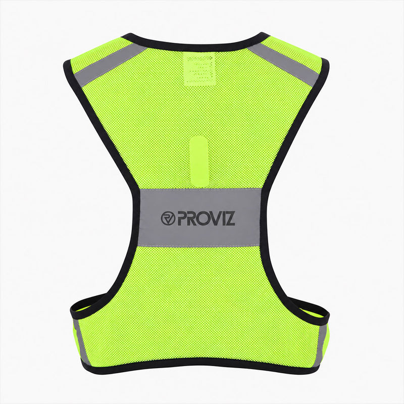 A high-visibility neon yellow-green mesh running vest with reflective gray panels and black trim, featuring the brand name 'PROVIZ' printed on the center back, shown against a plain white background.