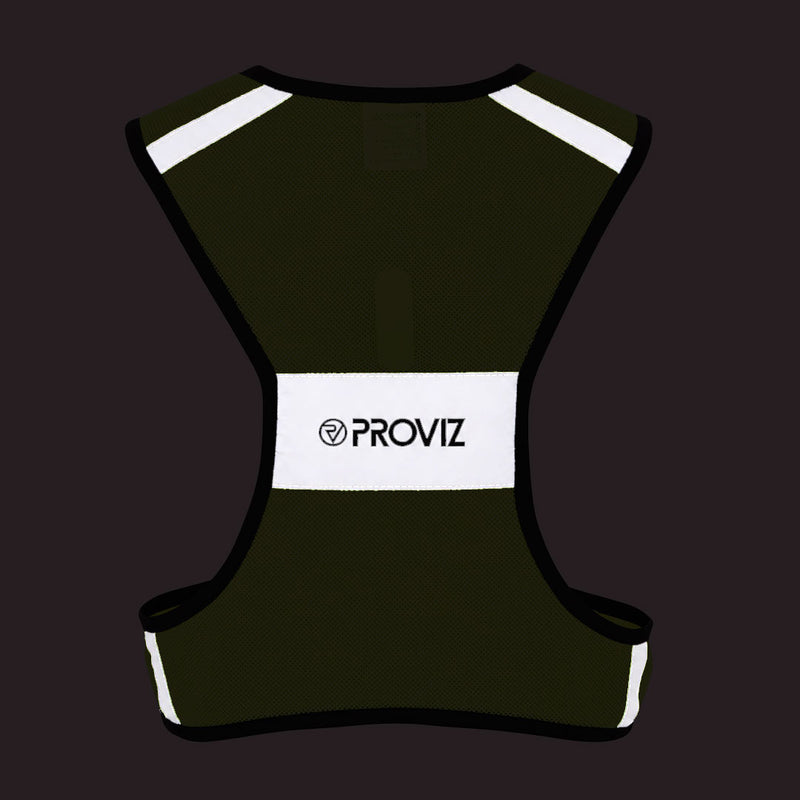 A flouro yellow reflective safety vest with white stripes on the shoulders and a white horizontal band across the back featuring the black 'PROVIZ' logo, shown on a dark background.