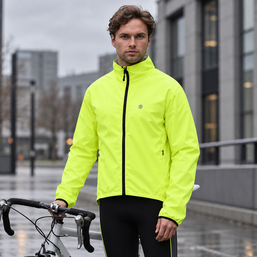 lifestyle mens reversible cycling jacket showing the flouro hi viz yellow