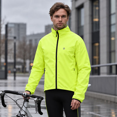 lifestyle mens reversible cycling jacket showing the flouro hi viz yellow