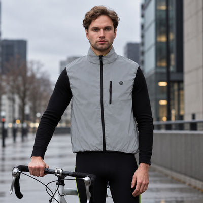 lifestyle A man wearing a Proviz light gray cycling vest over a black long-sleeve shirt and black cycling tights, standing on a city street with a bicycle handlebar visible in the foreground.