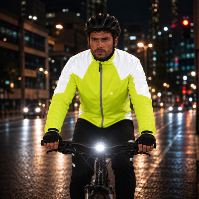 lifestyle A man wearing a bright neon yellow-green and white and reflective Proviz cycling jacket, black helmet, and black gloves rides a bicycle on a wet city street at night with city lights in the background.