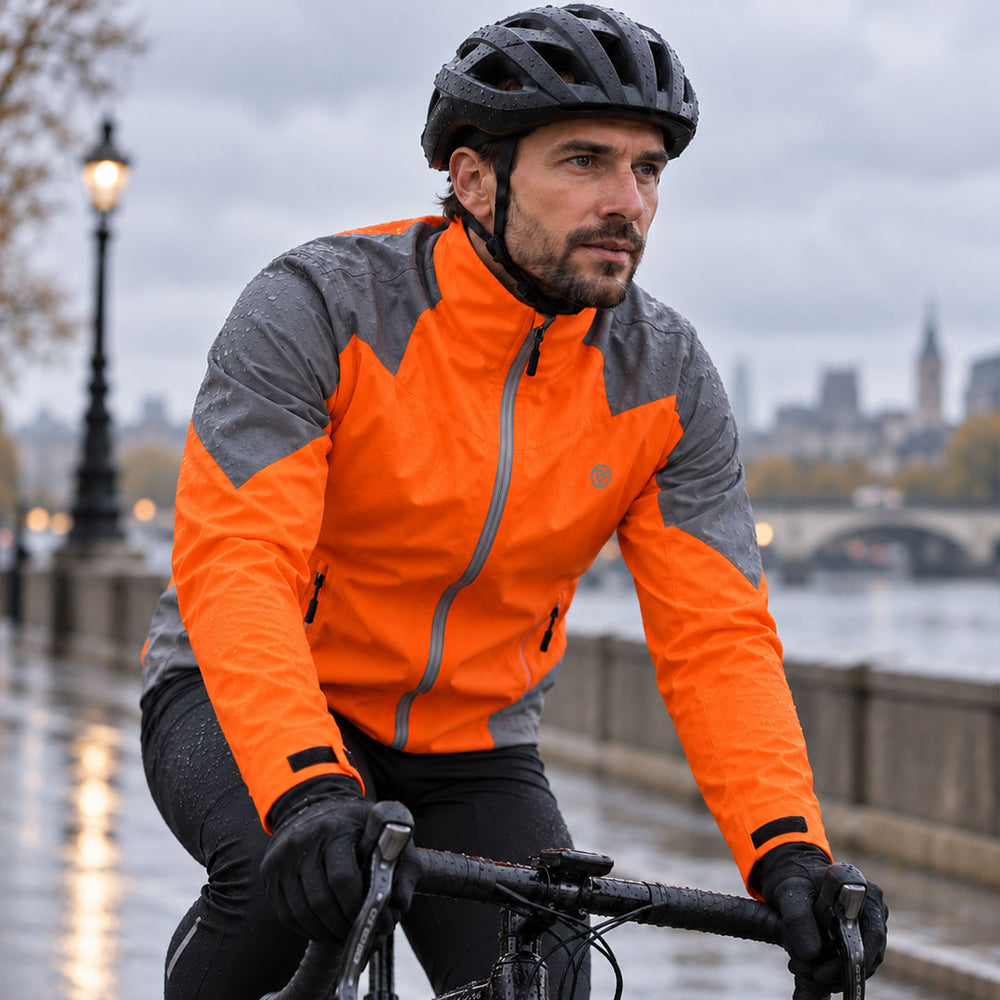 lifestyle A man wearing a bright orange and gray Proviz cycling jacket, black helmet, and black gloves rides a bicycle on a wet city bridge with a river and bridge in the background.