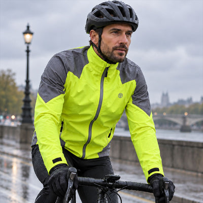 lifestyle A man wearing a bright proviz neon yellow and gray cycling jacket, black helmet, and black gloves rides a bicycle on a wet city street by the river.