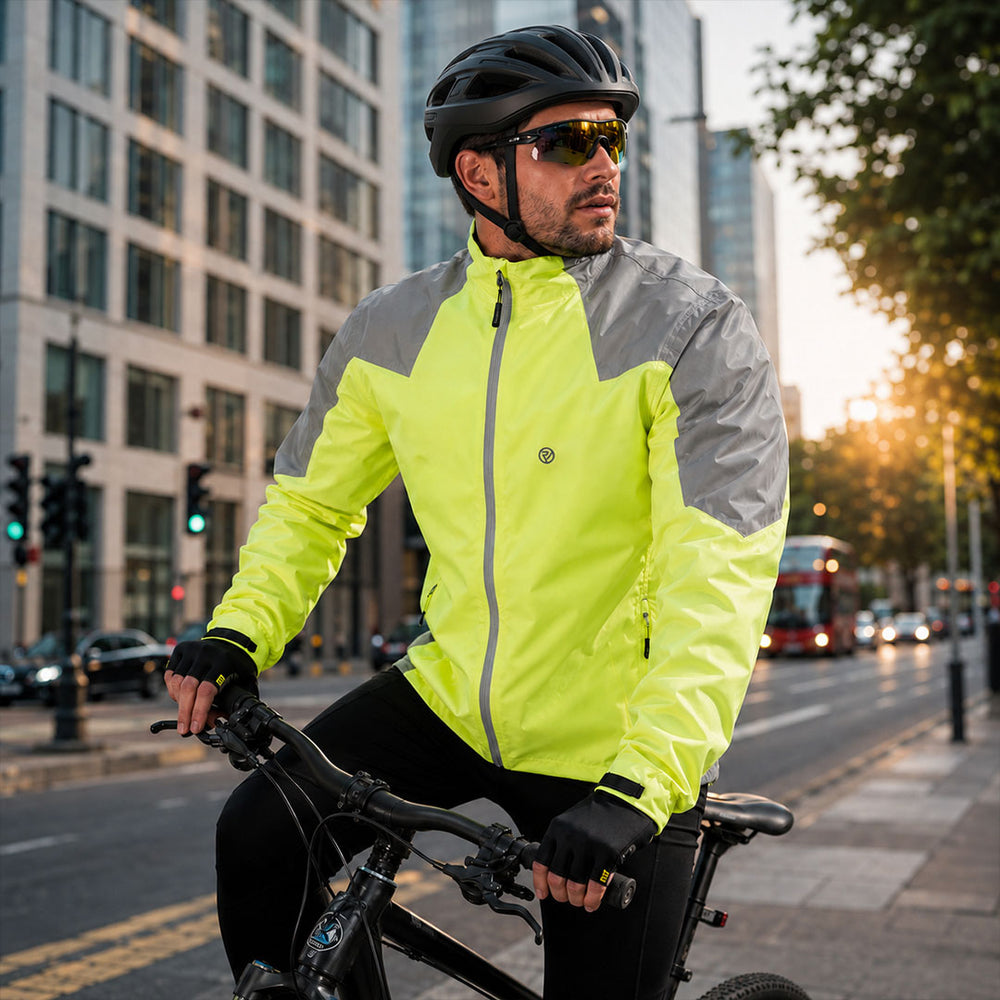 lifestyle A man wearing a bright neon yellow-green and gray Proviz cycling jacket, black helmet, and sunglasses rides a black bicycle on a city street during sunset.