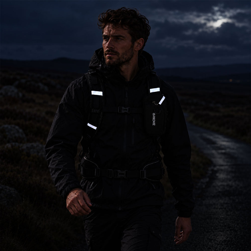 lifestyle A man wearing a black reflective safety proviz backpack and dark trousers walking on a dark, wet path at night under a cloudy sky.