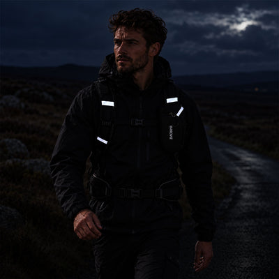 lifestyle A man wearing a black reflective safety proviz backpack and dark trousers walking on a dark, wet path at night under a cloudy sky.