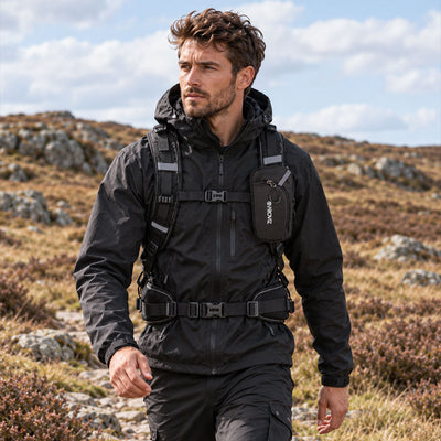 lifestyle A man hiking outdoors wearing a black hooded jacket with a built-in hydration pack and a black pouch on the chest that reads 'Proviz'.