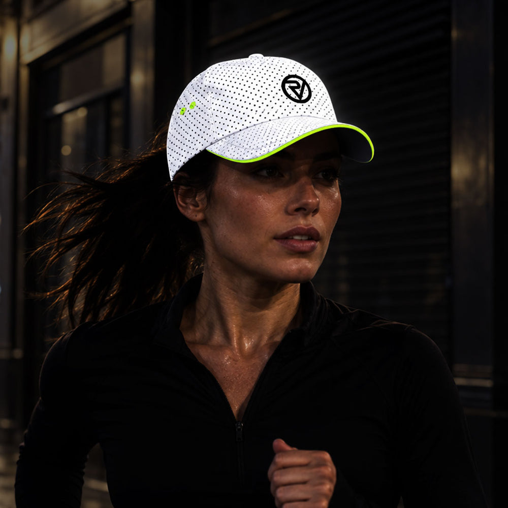 lifestyle Fully Reflective Running Cap front women running in city at night