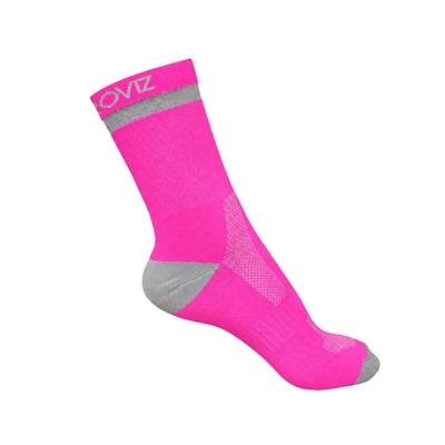 A single bright pink athletic sock with gray heel, toe, and sole details, featuring a gray band with the brand name 'PROVIZ' in white on the cuff, shown against a plain white background.