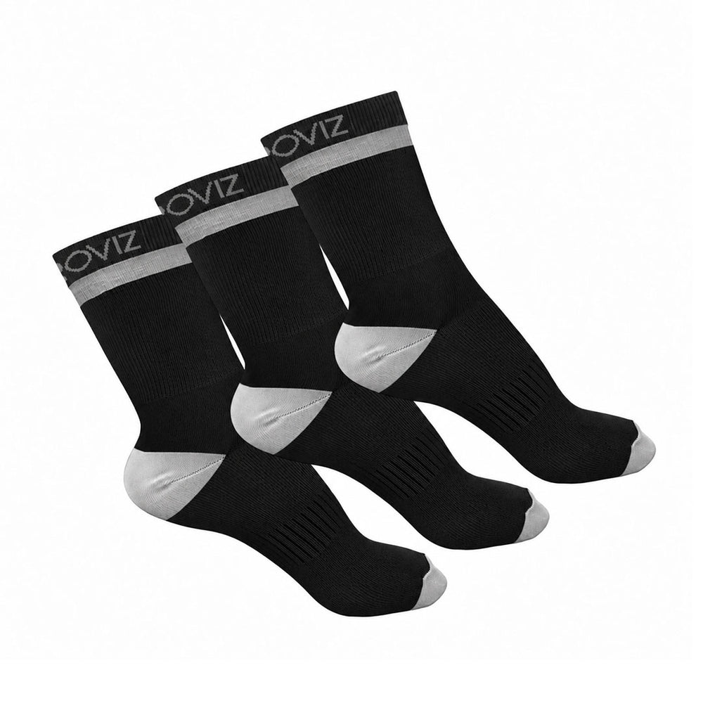 Three black crew socks with gray accents and the brand name 'PROVIZ' printed on the top band, arranged in a fan shape on a white background.