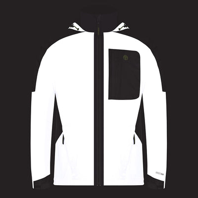 lifestyle Men's Reflective Waterproof Hooded Jacket 2.0 hood down showing reflectivity front