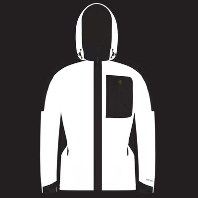 Men's Reflective Waterproof Hooded Jacket 2.0 hood up showing reflectivity front