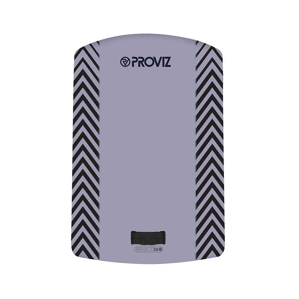 A Proviz reflect360 backpack cover with a light gray body, black chevron patterns on the sides, and a light loop at the bottom