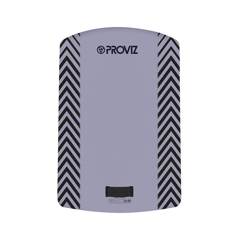 A Proviz reflect360 backpack cover with a light gray body, black chevron patterns on the sides, and a light loop at the bottom
