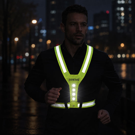 listing-lifestyle A man wearing a glowing reflective Proviz chest harness vest with integrated LED lights, running at night in a city environment.