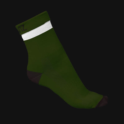 An olive green athletic proviz sock with a white ribbed band at the cuff and a dark brown heel and toe, shown floating against a solid black background.