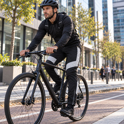 lifestyle A man wearing a black cycling jacket and matching black pants with white side panels rides a black bicycle on a city street with buildings and trees in the background.
