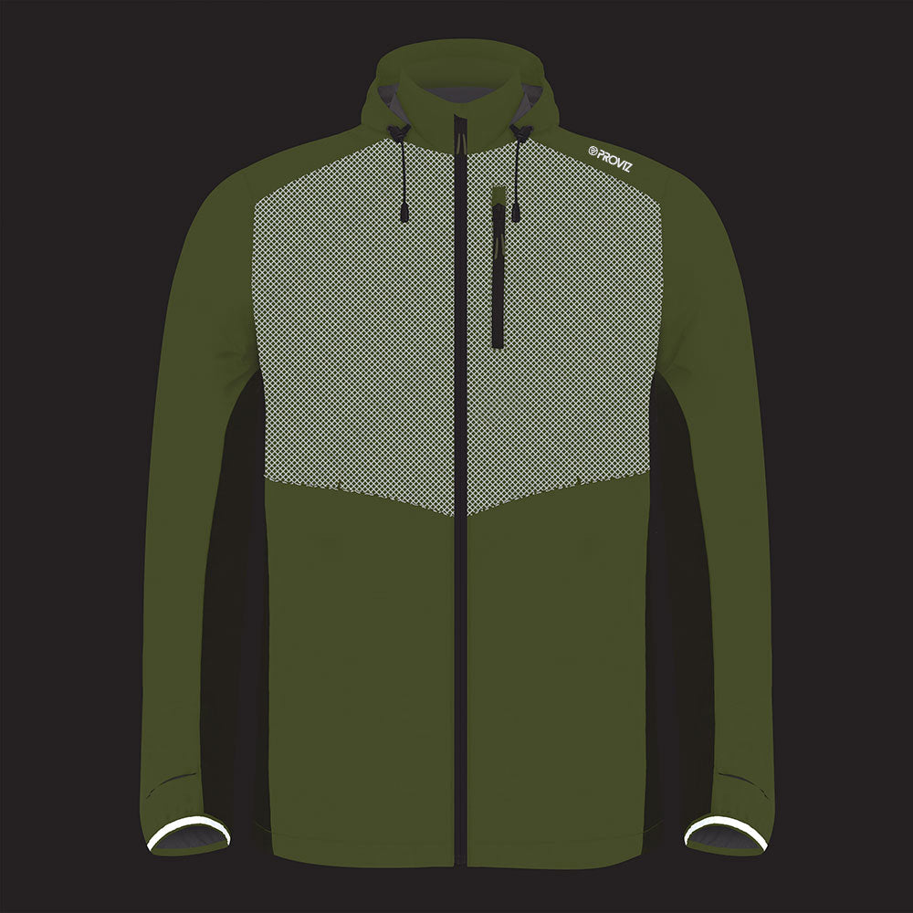 lifestyle men's lumina yellow running jacket front showing reflectivity