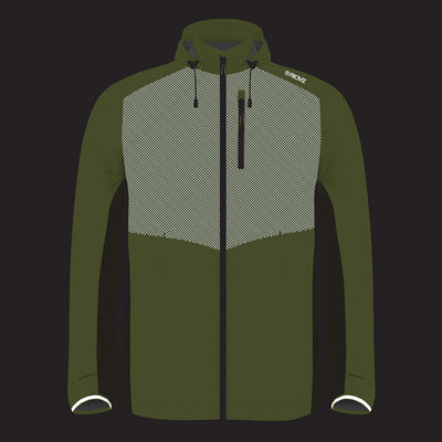 lifestyle men's lumina yellow running jacket front showing reflectivity