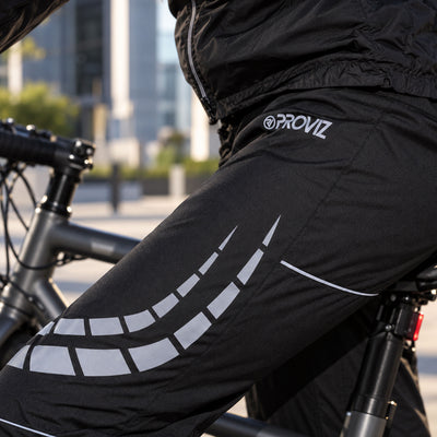 lifestyle Proviz waterproof reflective cycling trousers day front close up of material