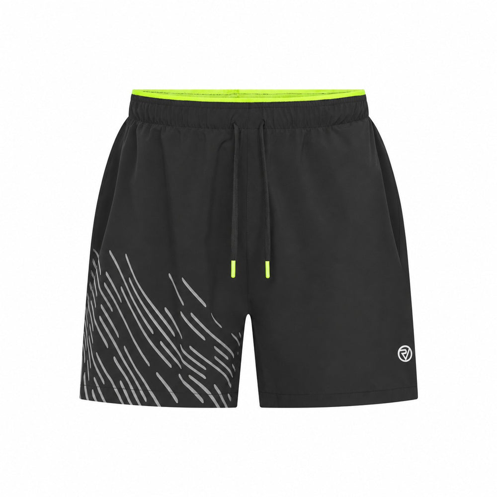 Black athletic Proviz shorts with a bright neon green waistband, matching neon green drawstring tips, and a white diagonal stripe pattern on the lower left leg, shown against a plain white background.