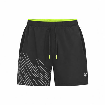 Black athletic Proviz shorts with a bright neon green waistband, matching neon green drawstring tips, and a white diagonal stripe pattern on the lower left leg, shown against a plain white background.