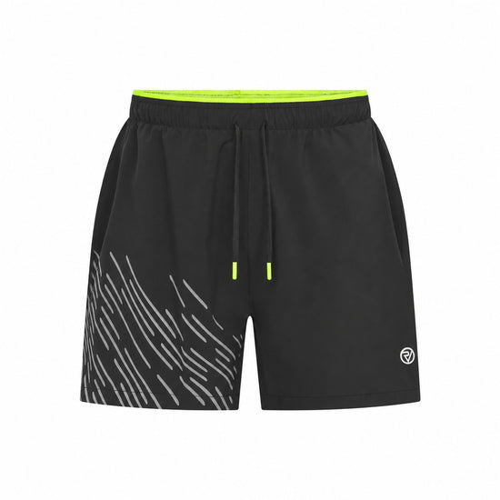 Black athletic Proviz shorts with a bright neon green waistband, matching neon green drawstring tips, and a white diagonal stripe pattern on the lower left leg, shown against a plain white background.