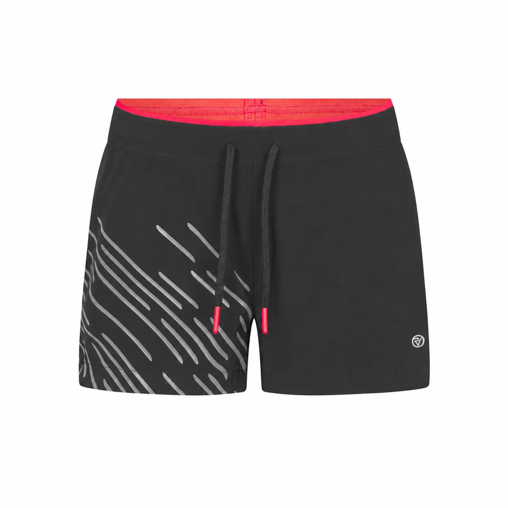 Black athletic proviz shorts with a bright pink waistband, black drawstrings, and a white diagonal line pattern on the left leg, shown against a plain white background.
