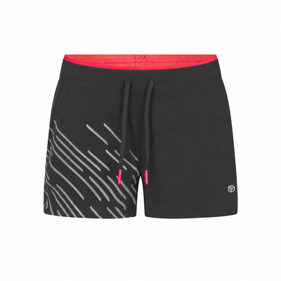 Black athletic proviz shorts with a bright pink waistband, black drawstrings, and a white diagonal line pattern on the left leg, shown against a plain white background.